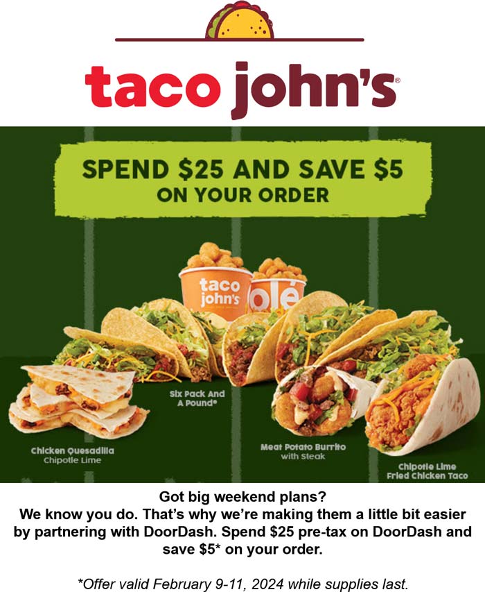 Taco Johns restaurants Coupon  $5 off $25 via delivery at Taco Johns #tacojohns 