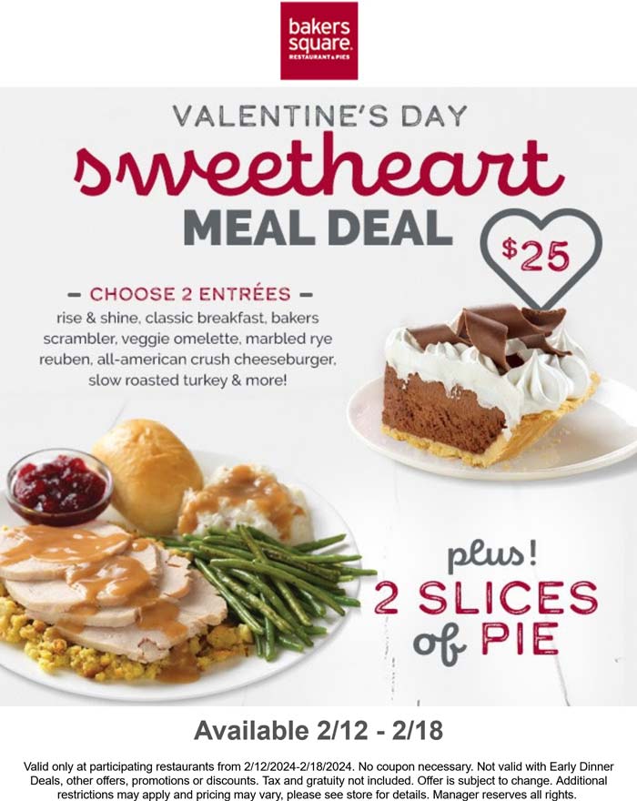 Bakers Square restaurants Coupon  2 entrees + 2 slices of pie = $25 at Bakers Square #bakerssquare 