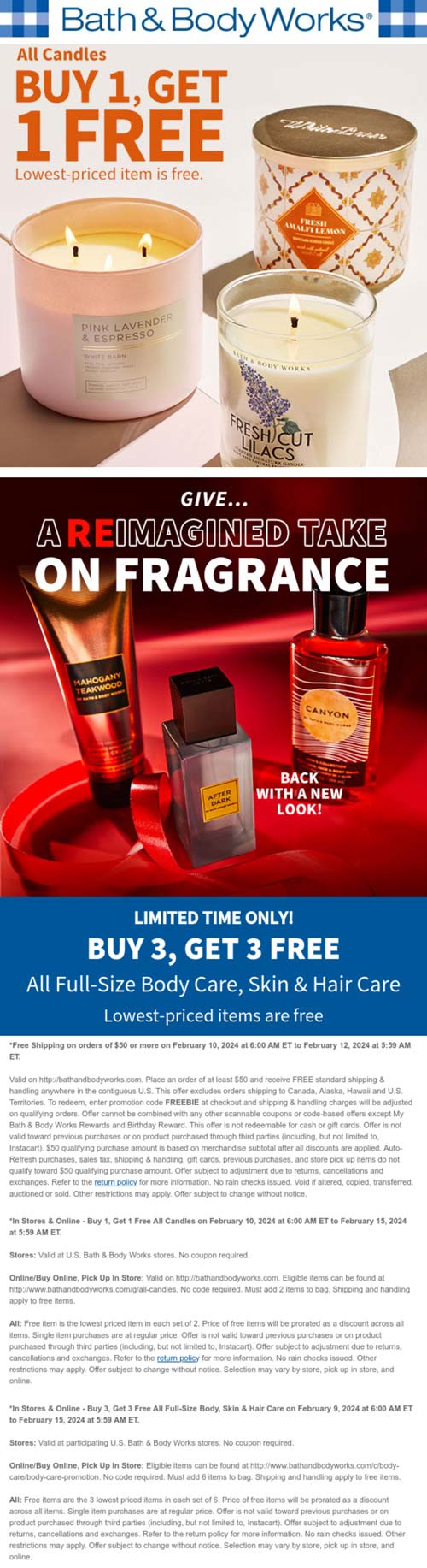 Bath & Body Works stores Coupon  6-for-3 on body care & second candle free at Bath & Body Works via promo code FREEBIE #bathbodyworks 