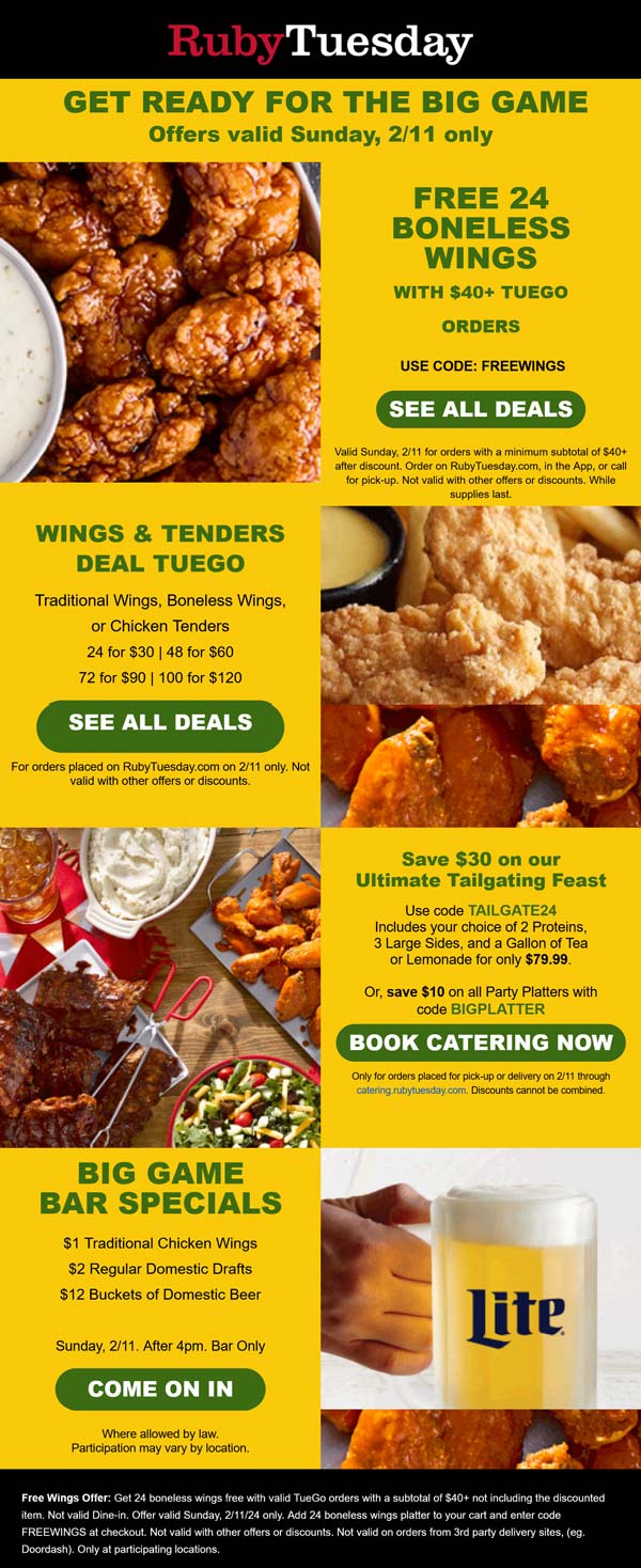 Ruby Tuesday restaurants Coupon  24 boneless wings free on $40 takeout & more big game Sunday at Ruby Tuesday #rubytuesday 