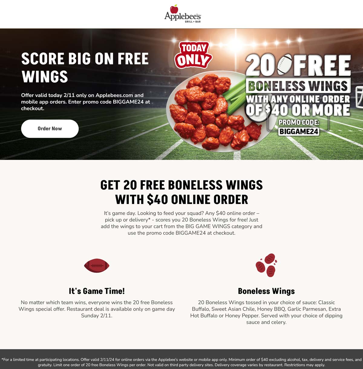 Applebees restaurants Coupon  20 free boneless chicken wings on $40 today at Applebees via promo code BIGGAME24 #applebees 