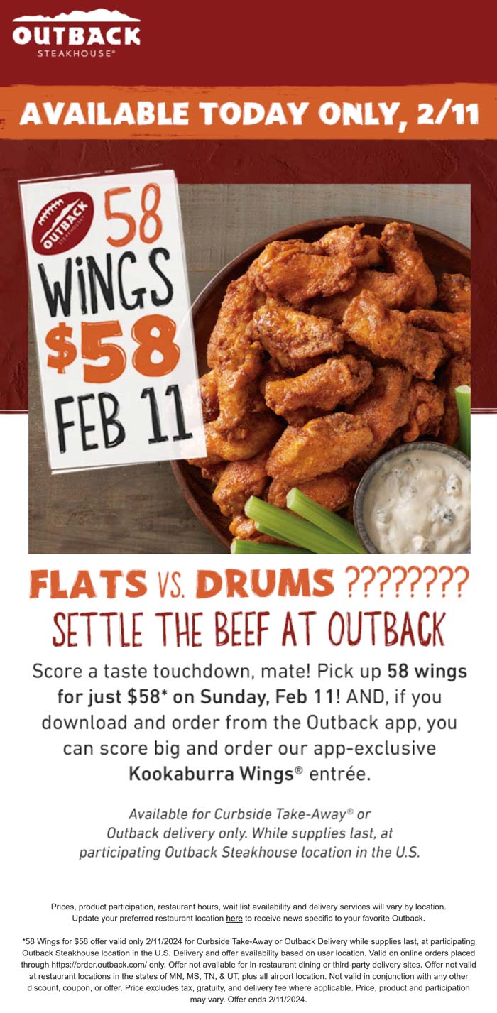 Outback Steakhouse restaurants Coupon  58 chicken wings = $58 today at Outback Steakhouse #outbacksteakhouse 