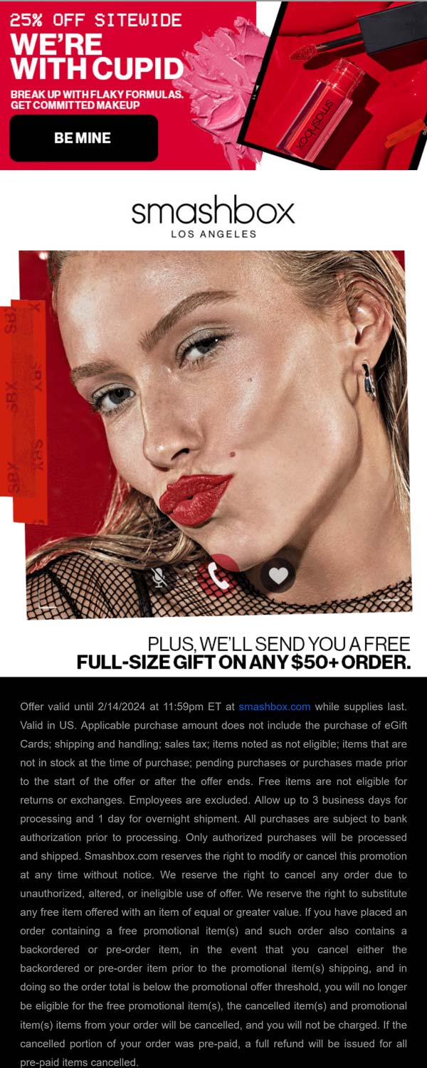 Smashbox stores Coupon  25% off everything + free fullsize on $50+ online at Smashbox cosmetics #smashbox 