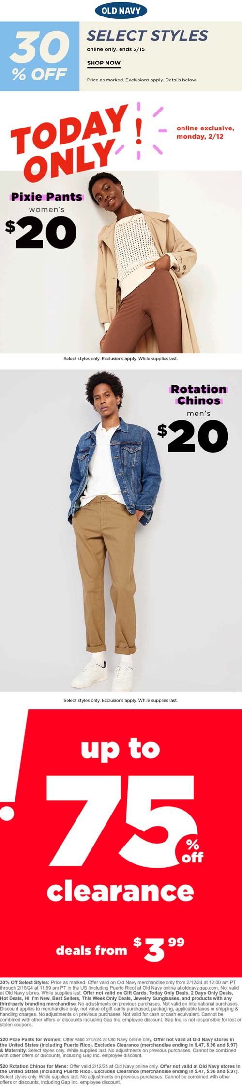 Old Navy stores Coupon  30% off + $20 pixie pants & mens chinos online today at Old Navy #oldnavy 