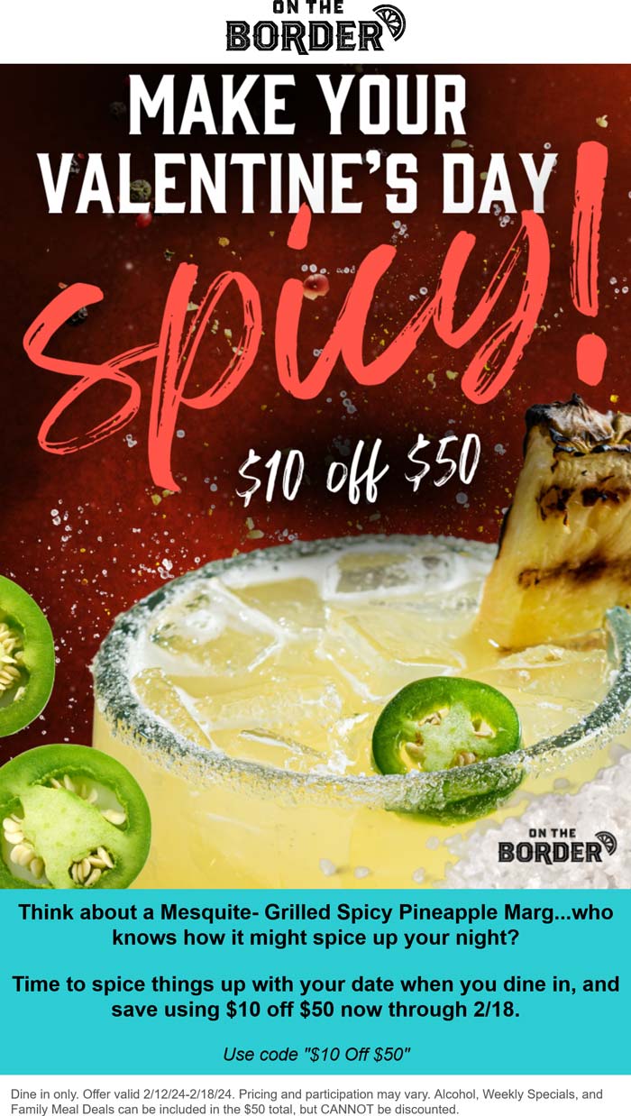On The Border restaurants Coupon  $10 off $50 at On The Border restaurants #ontheborder 