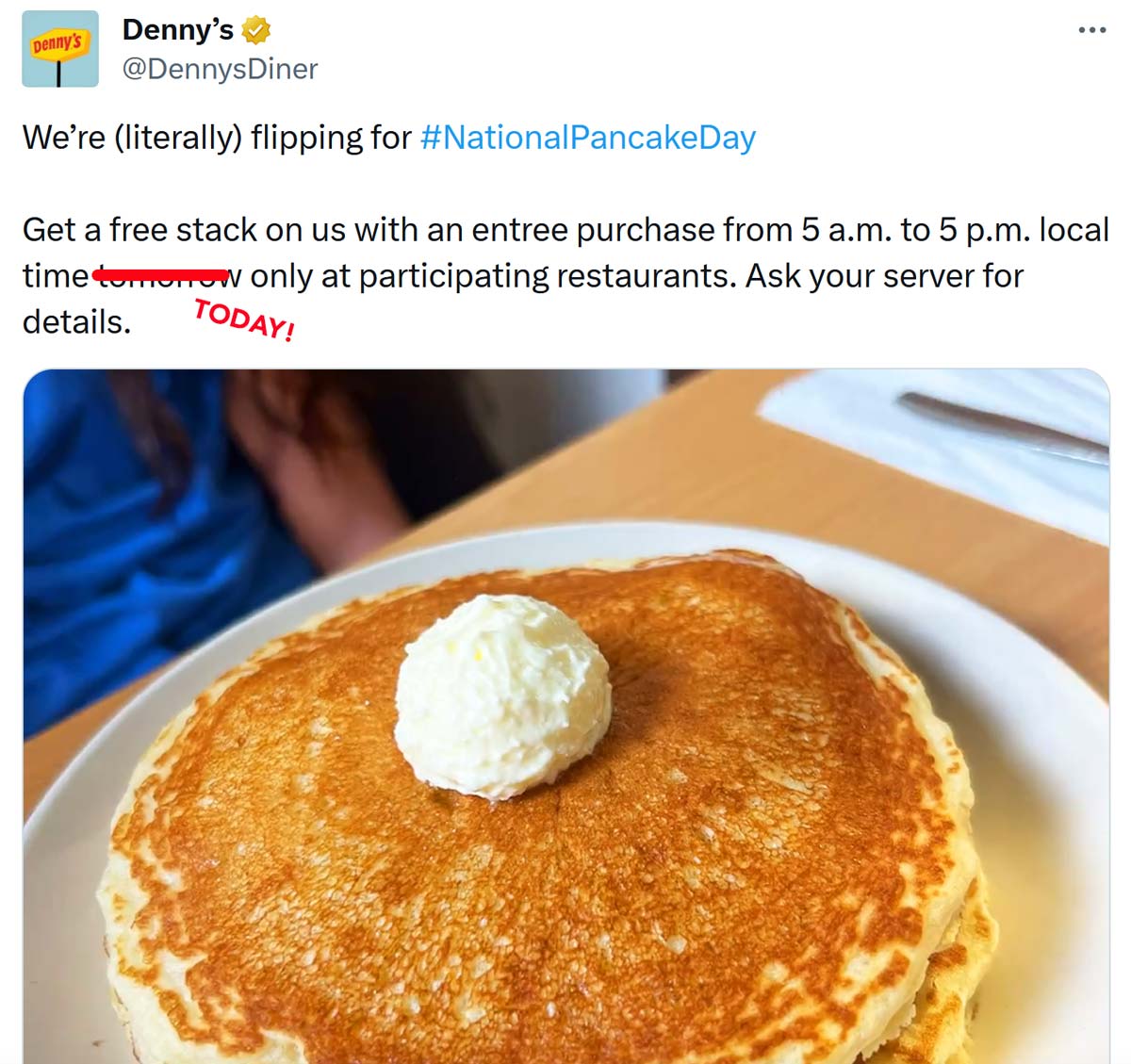 Dennys restaurants Coupon  Free pancakes with your entree today at Dennys restaurants #dennys 