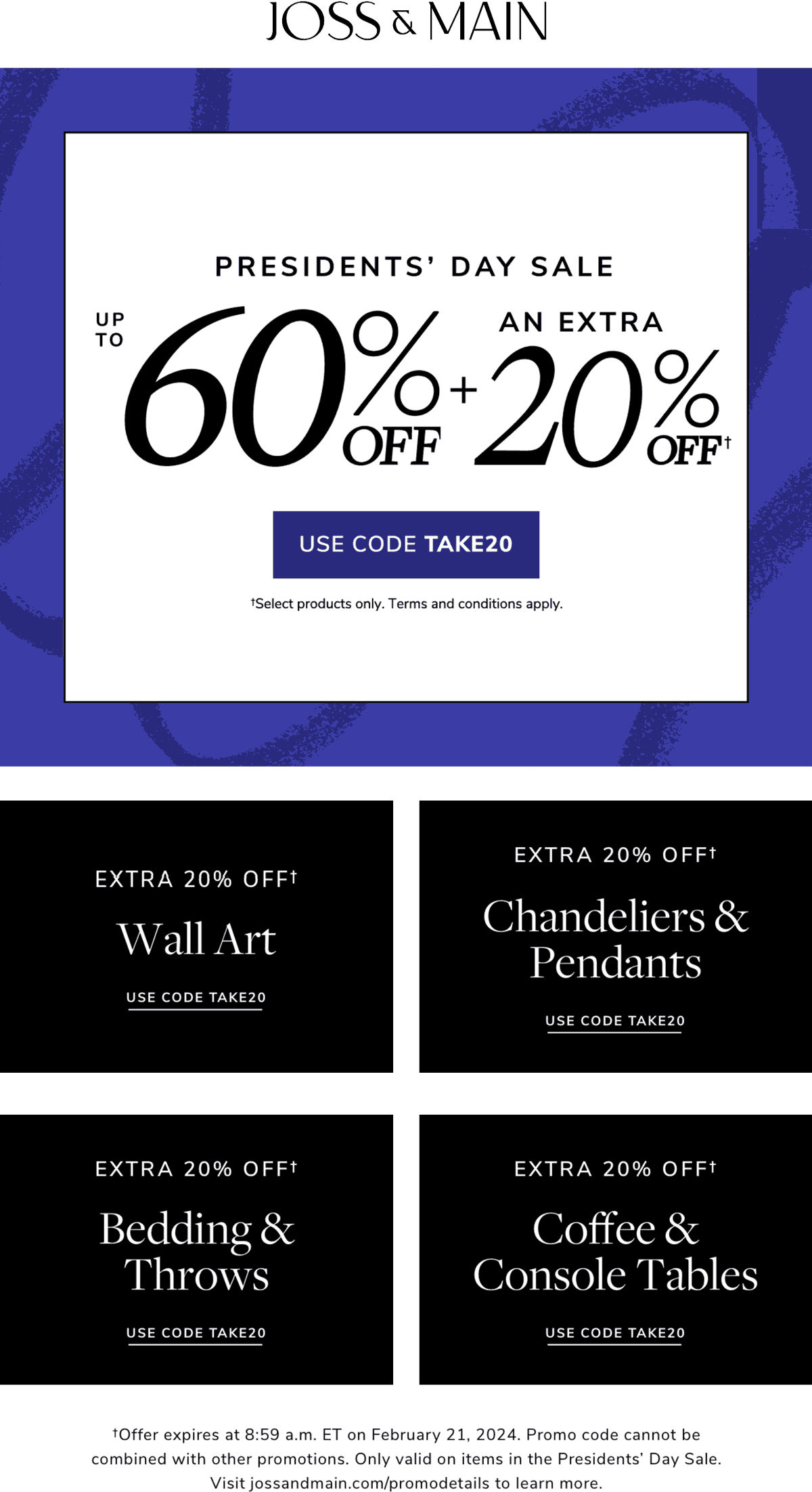 Joss & Main stores Coupon  Extra 20% off at Joss & Main via promo code TAKE20 #jossmain 
