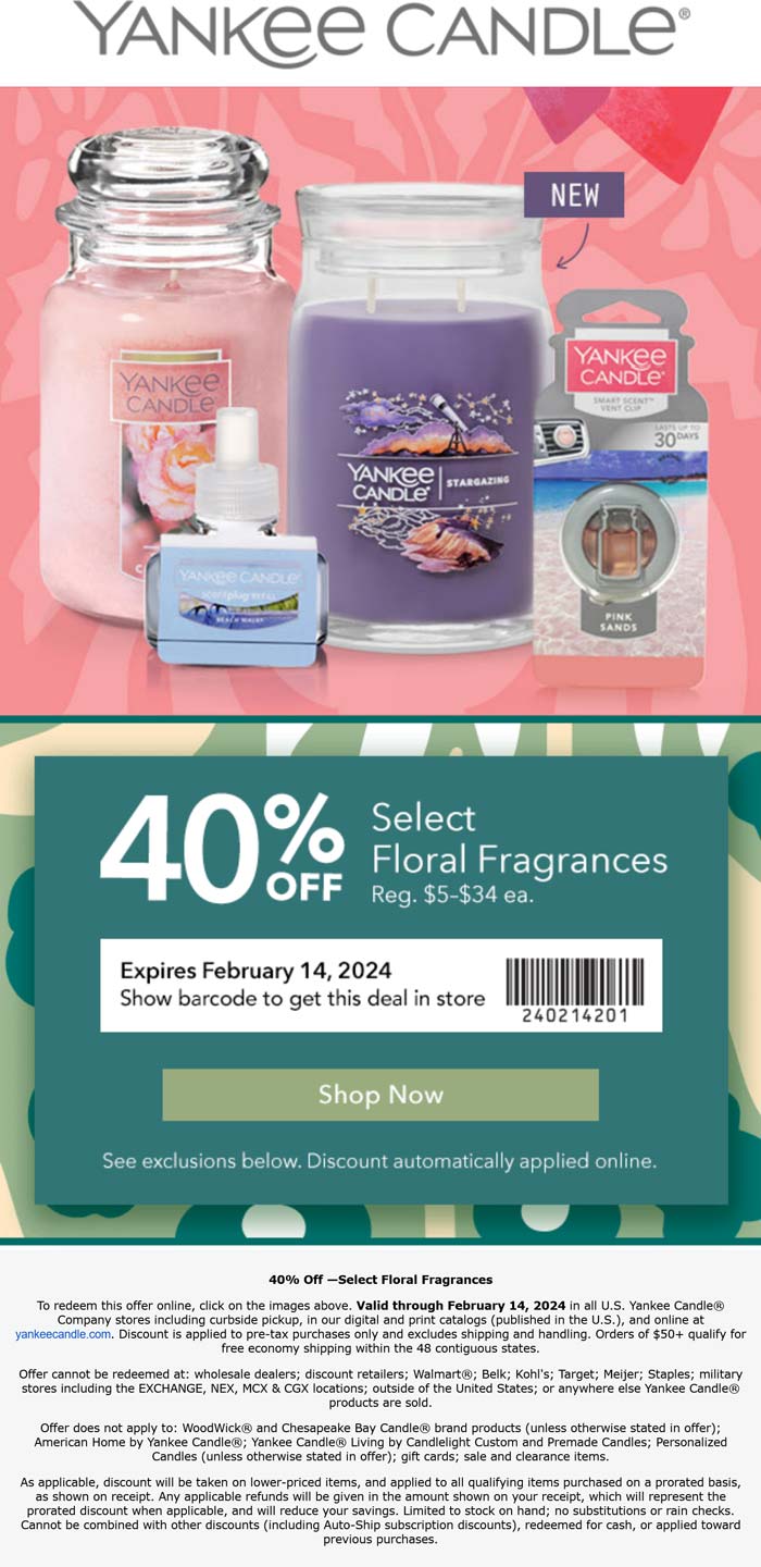 Yankee Candle stores Coupon  40% off floral fragrances at Yankee Candle, ditto online #yankeecandle 