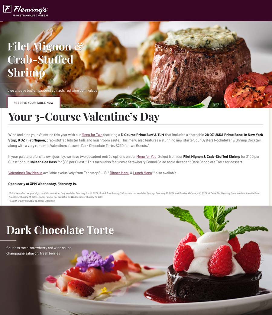 Flemings restaurants Coupon  3-course valentines 28oz strip steak + filet mignon + lobster tails + oysters rockefeller + chocolate torte for 2 = $230 today at Flemings #flemings 