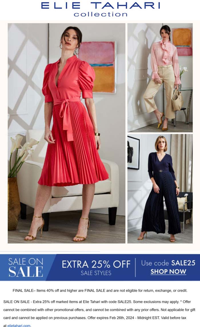 Elie Tahari stores Coupon  Extra 25% off sale items at Elie Tahari via promo code SALE25 #elietahari 