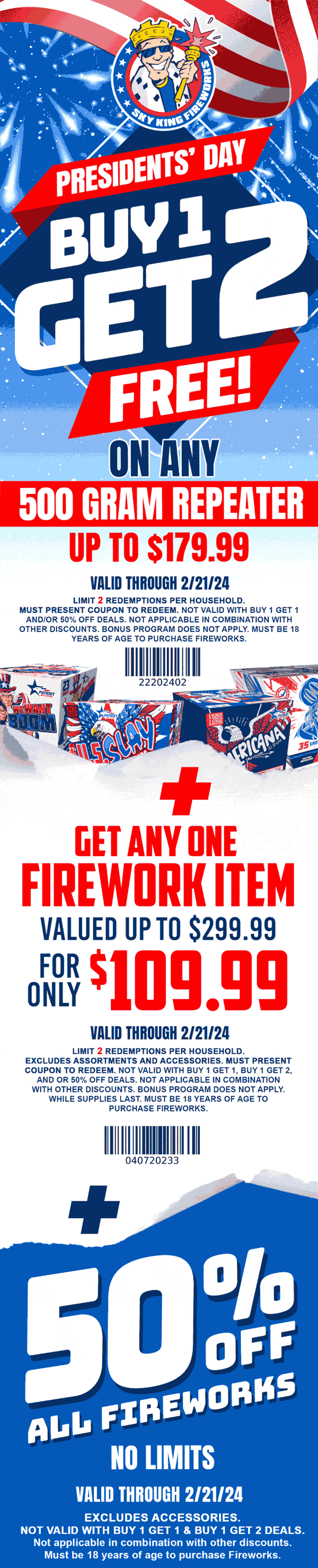 Sky King stores Coupon  50% off all fireworks & 3-for-1 deals at Sky King #skyking 