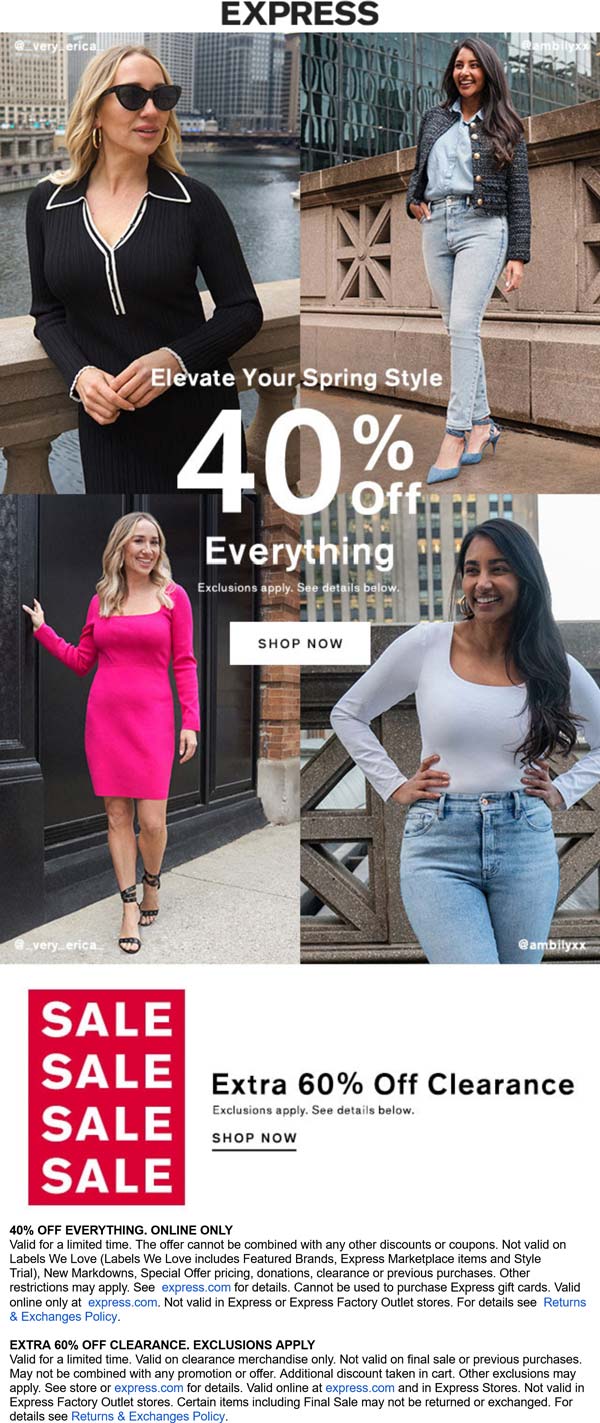 Express stores Coupon  40% off everything & 60% off clearance online at Express #express 