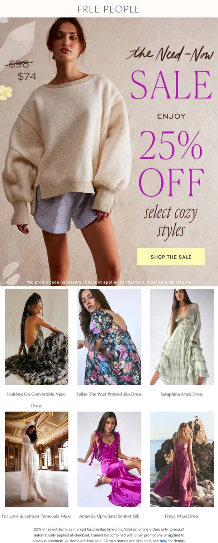 Free People stores Coupon  25% off online at Free People #freepeople 