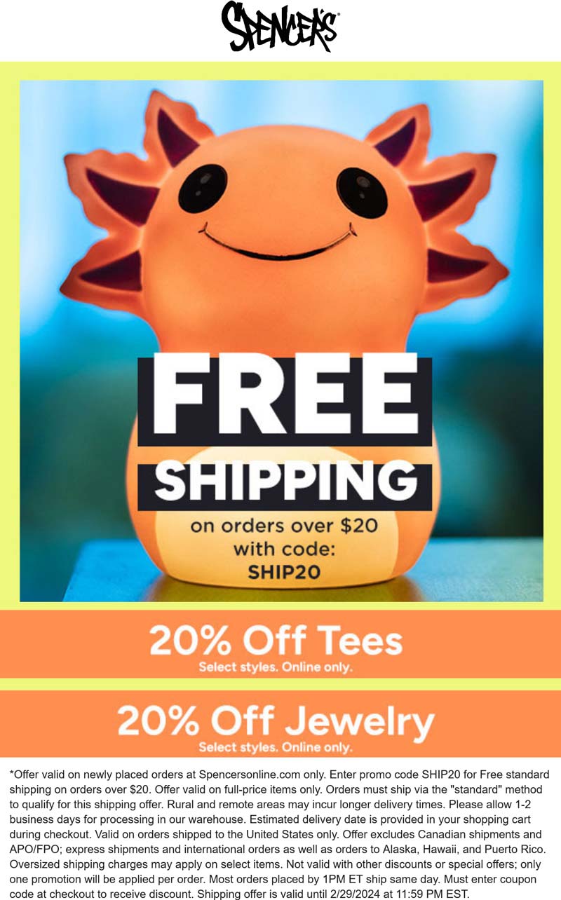 Spencers stores Coupon  20% off tees & jewelry with free shipping at Spencers via promo code SHIP20 #spencers 