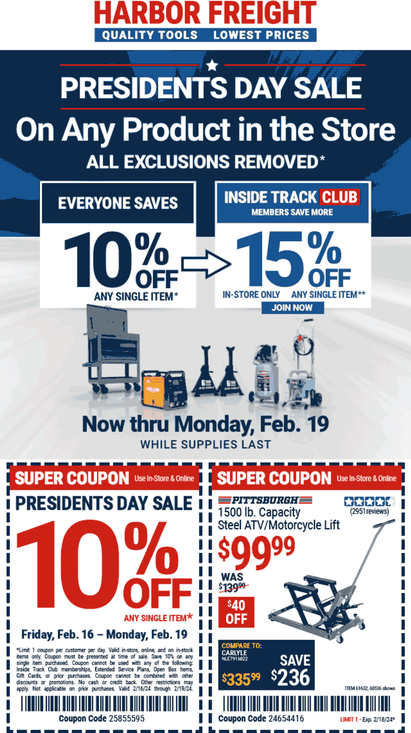 Harbor Freight stores Coupon  10% off a single item at Harbor Freight Tools, or online via promo code 25855595 #harborfreight 