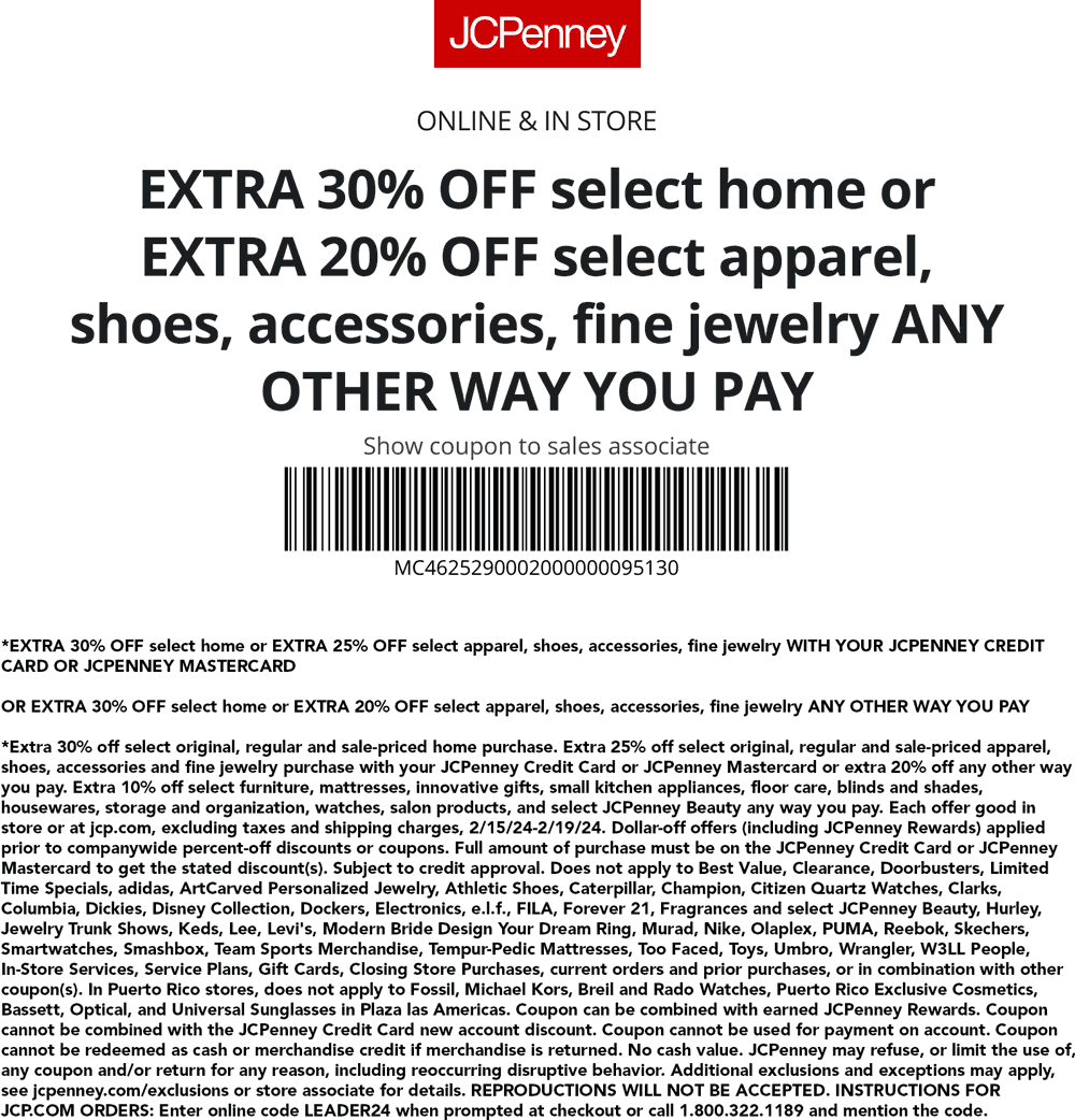 JCPenney stores Coupon  Extra 20-30% off at JCPenney, or online via promo code LEADER24 #jcpenney 