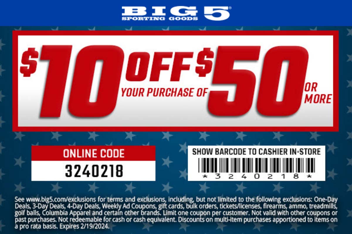 Big 5 stores Coupon  $10 off $50 at Big 5 sporting goods, or onine via promo code 3240218 #big5 