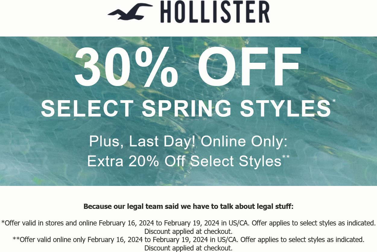 Hollister stores Coupon  30% off spring styles online today at Hollister #hollister 