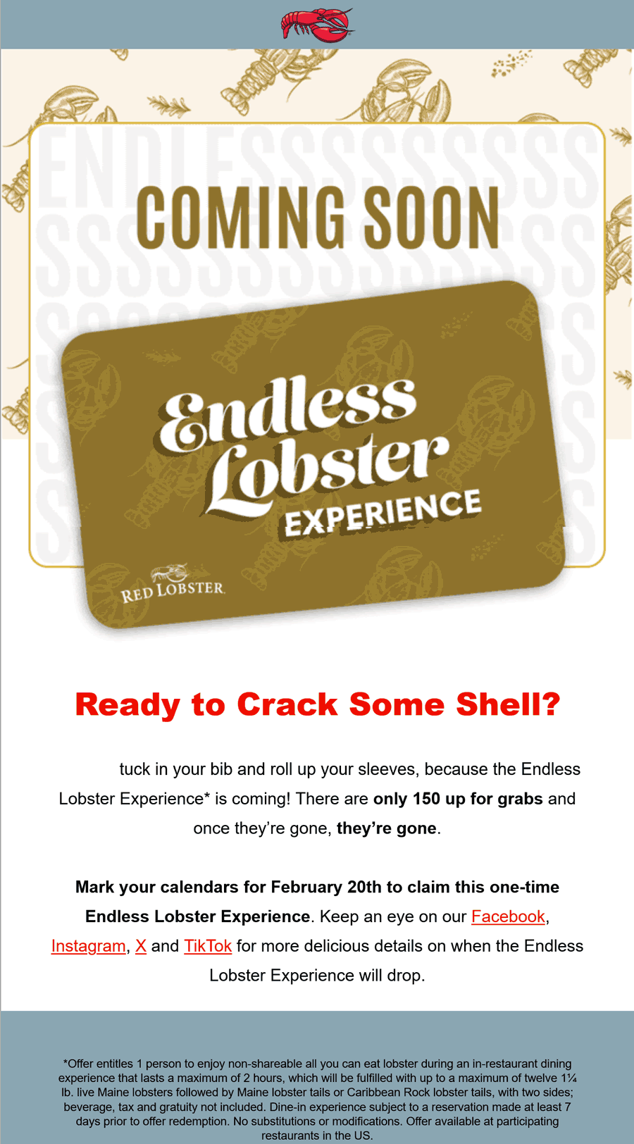 Red Lobster restaurants Coupon  150 cards up for grabs Tuesday for 2hrs of unlimited lobster at Red Lobster restaurants #redlobster 