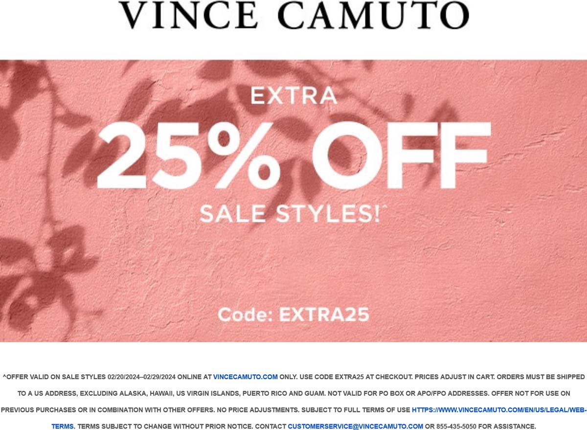 Vince Camuto stores Coupon  Extra 25% off sale styles online at Vince Camuto via promo code EXTRA25 #vincecamuto 