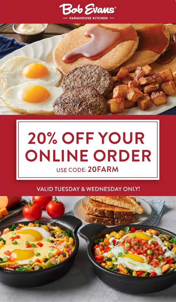 Bob Evans restaurants Coupon  20% off online today at Bob Evans restaurants via promo code 20FARM #bobevans 