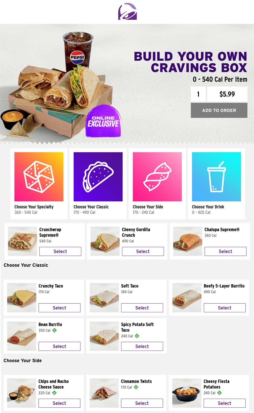 Taco Bell restaurants Coupon  Entree + taco or burrito + side + drink = $6 cravings box online at Taco Bell #tacobell 