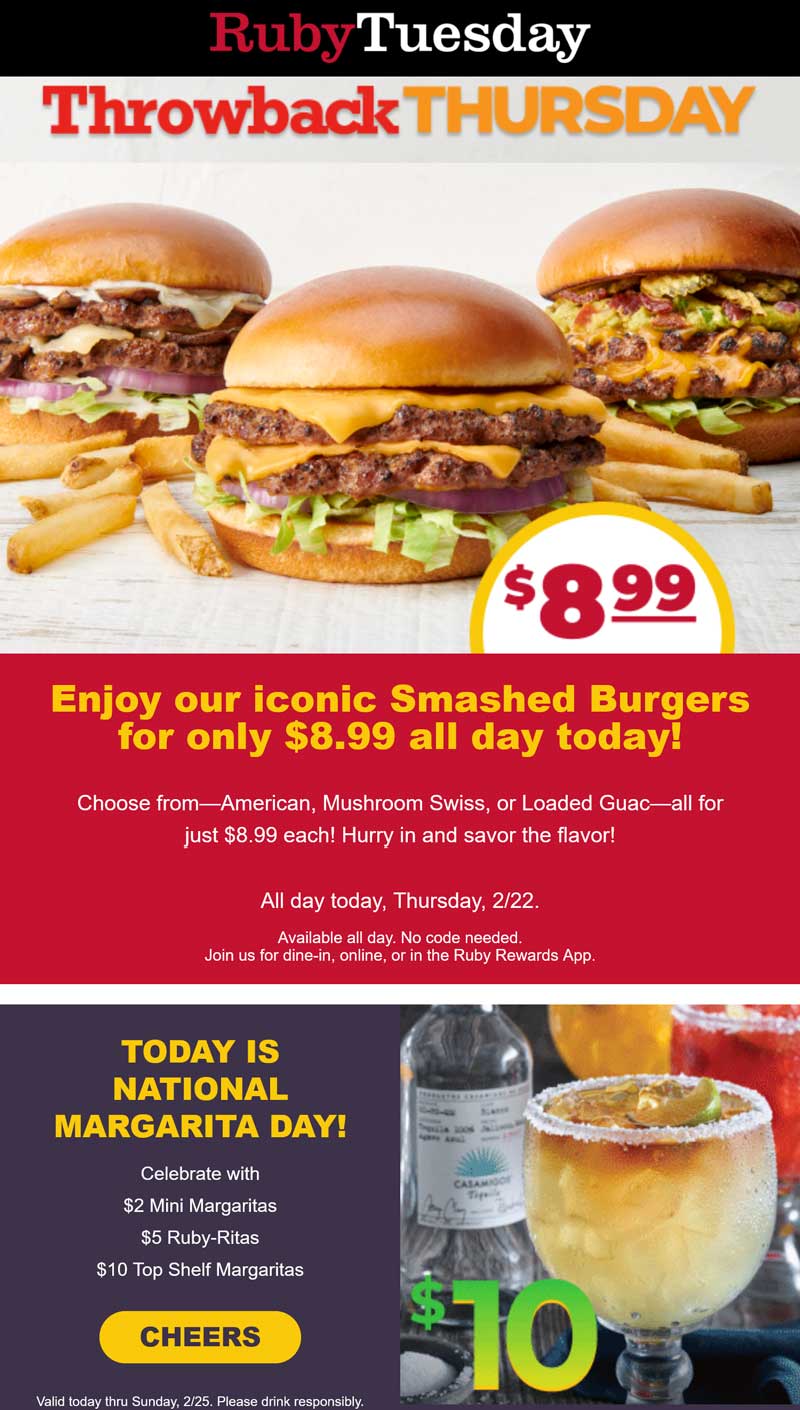 Ruby Tuesday restaurants Coupon  $9 double cheeseburgers with fries & $5 margaritas today at Ruby Tuesday #rubytuesday 