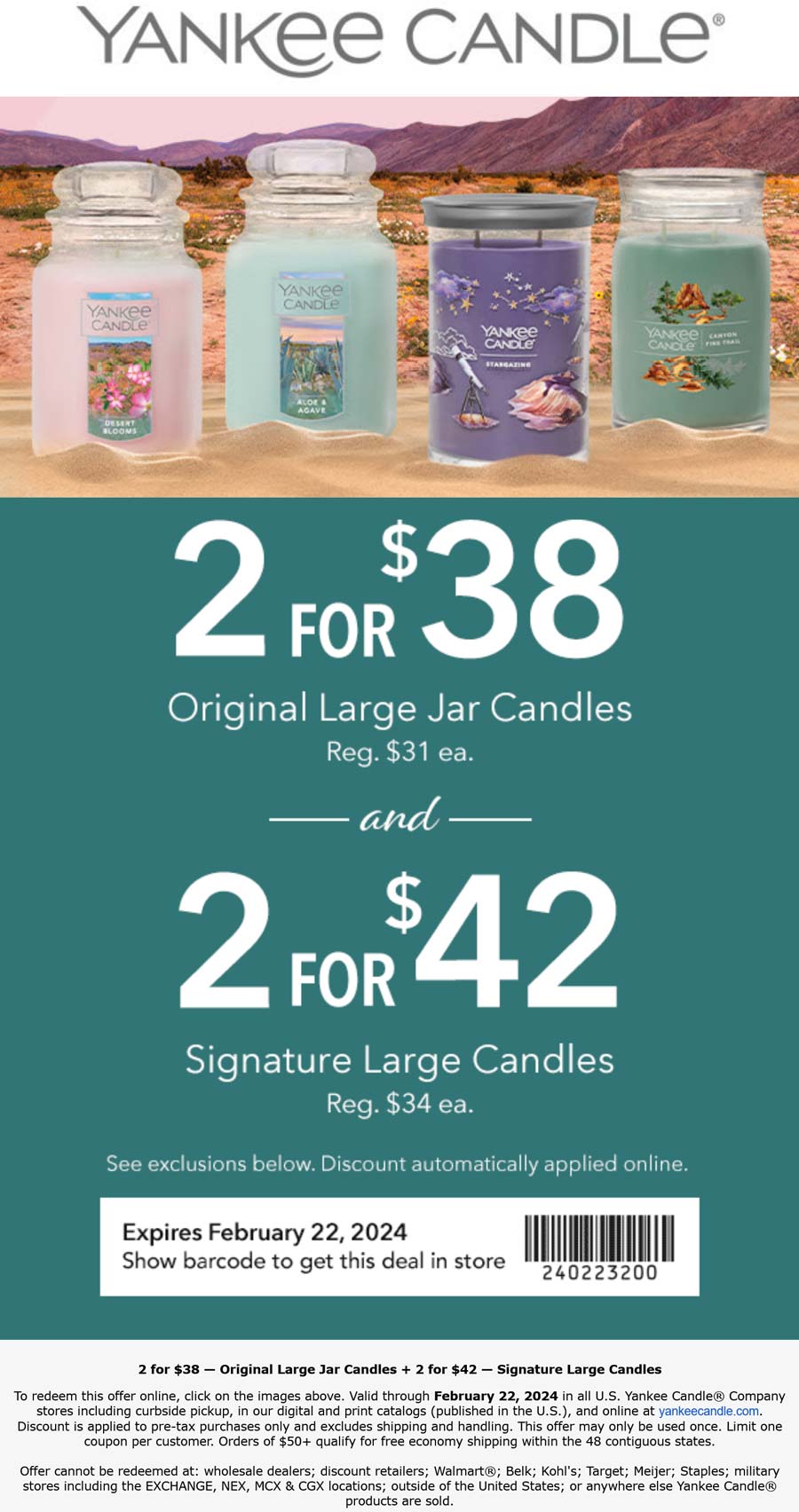 Yankee Candle stores Coupon  2 large candles for $38 today at Yankee Candle, ditto online #yankeecandle 