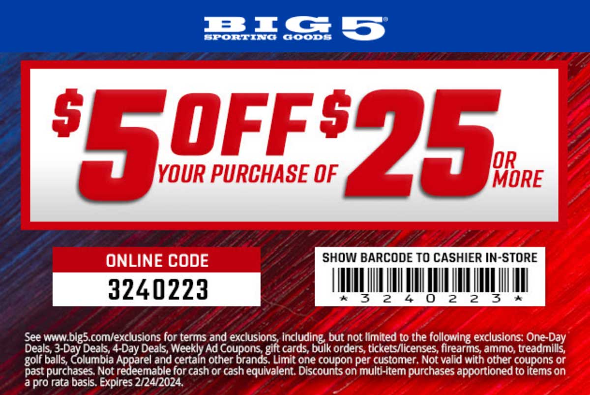 Big 5 stores Coupon  $5 off $25 at Big 5 sporting goods, or online via promo code 3240223 #big5 