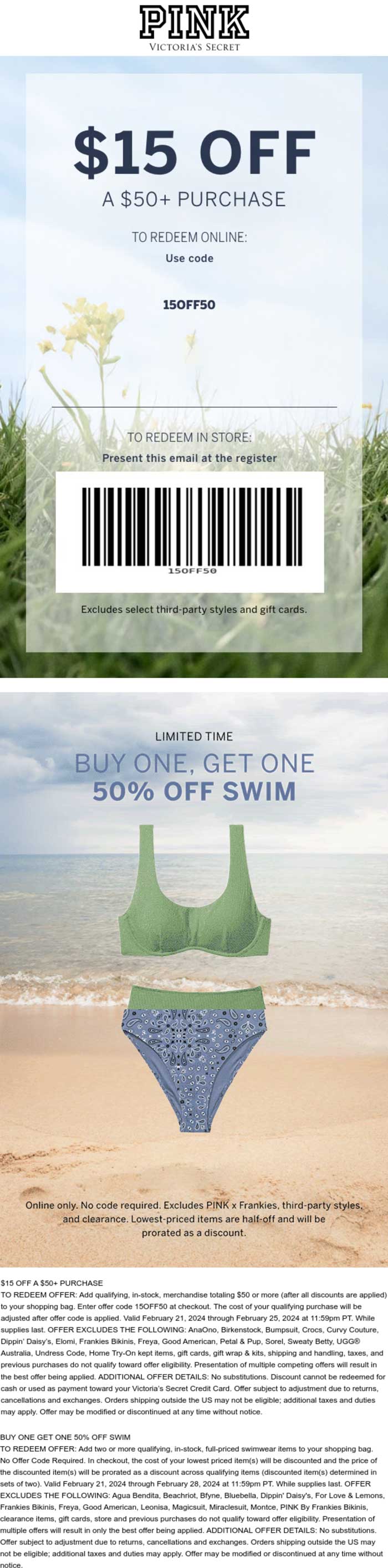 PINK stores Coupon  $15 off $50 & second swim 50% off at PINK, or online via promo code 15OFF50 #pink 