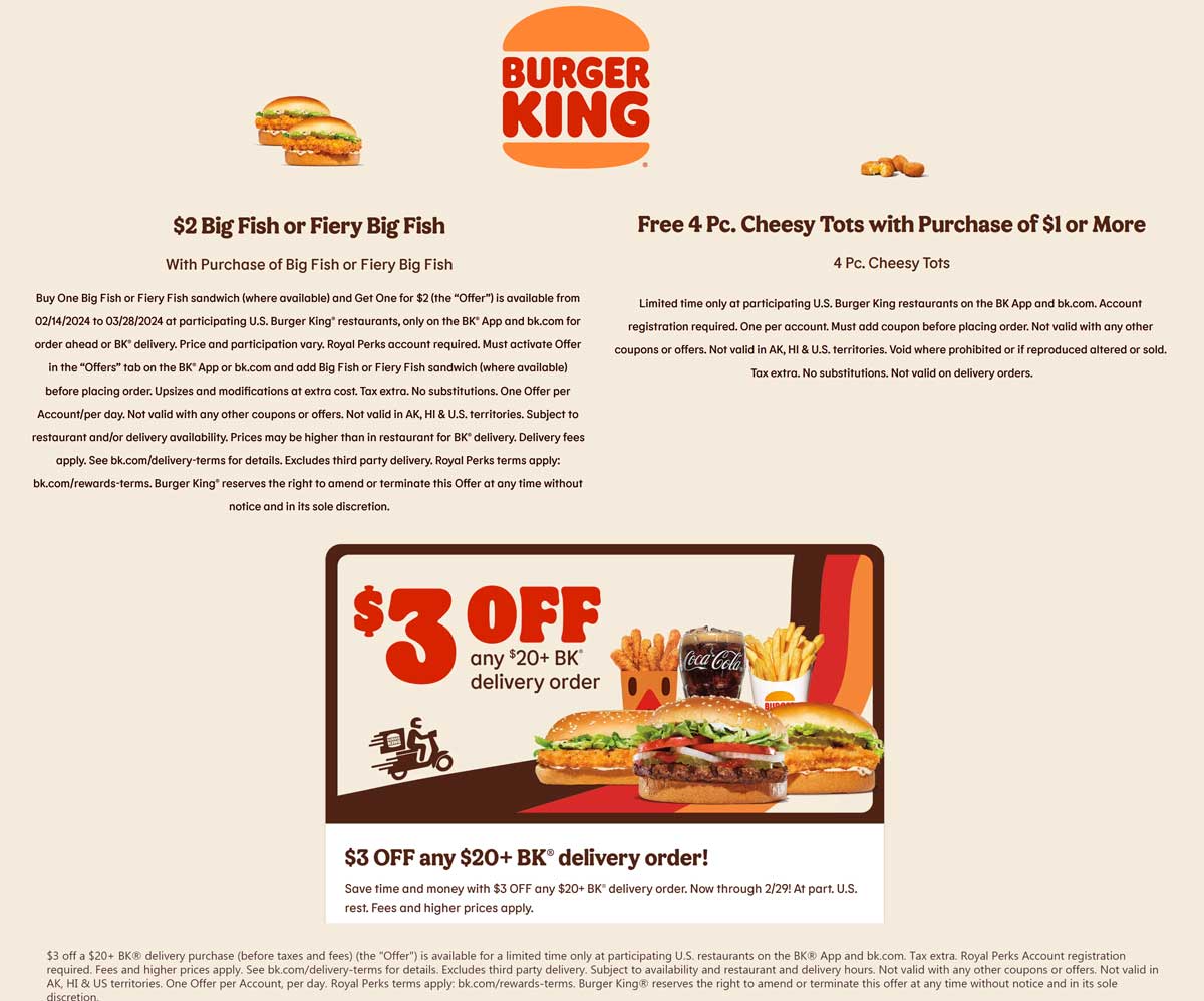 Burger King restaurants Coupon  Second fish sandwich $2, free tots & $3 off $20 delivery at Burger King #burgerking 