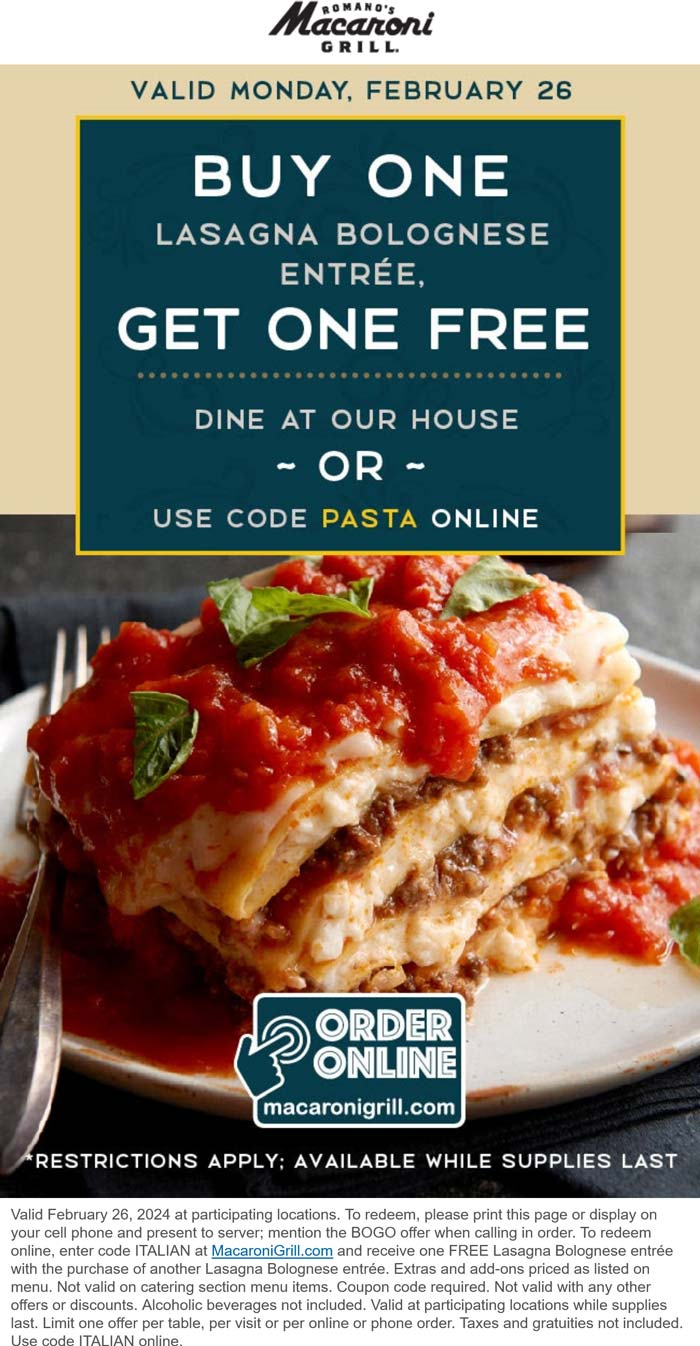 Macaroni Grill restaurants Coupon  Second lasagna bolognese free today at Macaroni Grill restaurants, or online via promo code PASTA #macaronigrill 