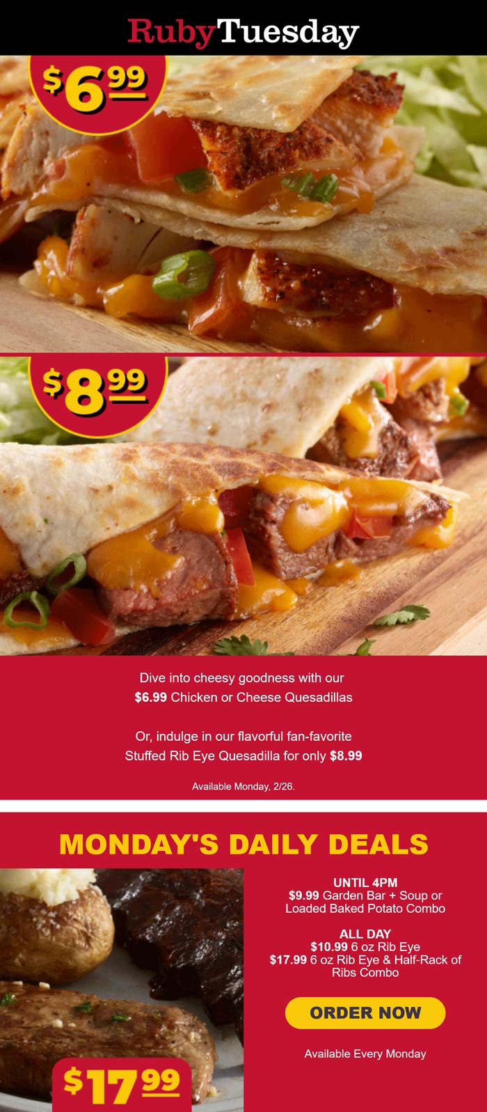Ruby Tuesday restaurants Coupon  $7 chicken & cheese or $9 steak quesadilla today at Ruby Tuesday #rubytuesday 