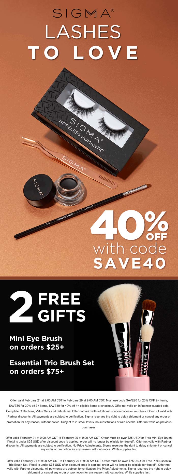 Sigma stores Coupon  20-40% off 2+ items also free gifts over $25 at Sigma beauty via promo codes SAVE20 SAVE30 & SAVE40 #sigma 