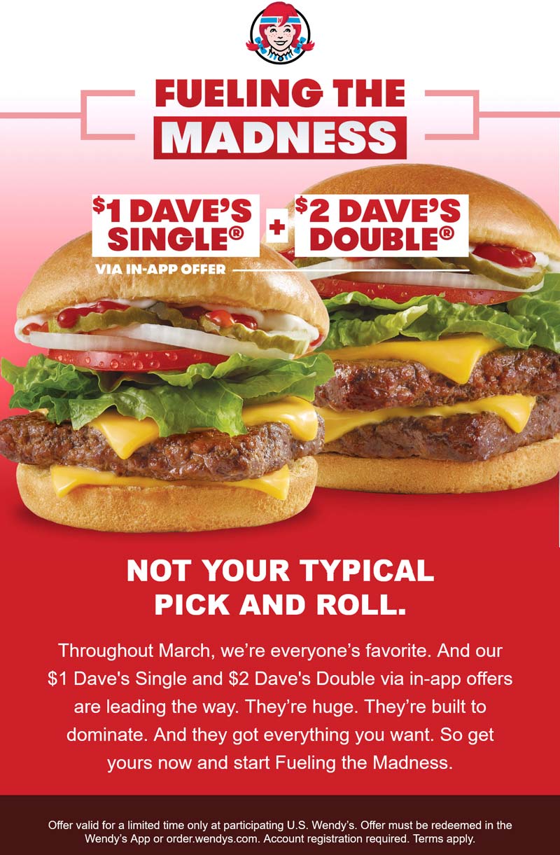Wendys restaurants Coupon  $1 single cheeseburger & $2 doubles all March via login at Wendys #wendys 