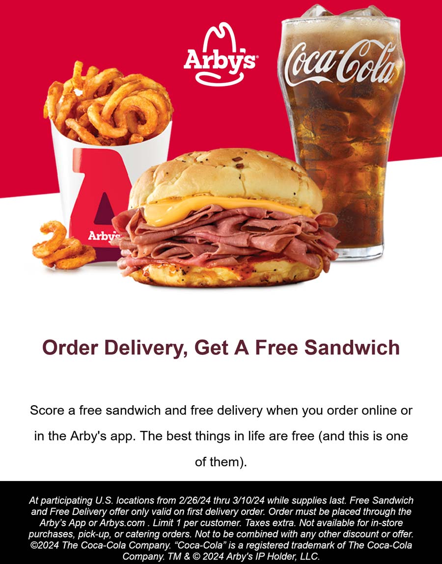 Arbys restaurants Coupon  Free sandwich with your first free delivery at Arbys #arbys 