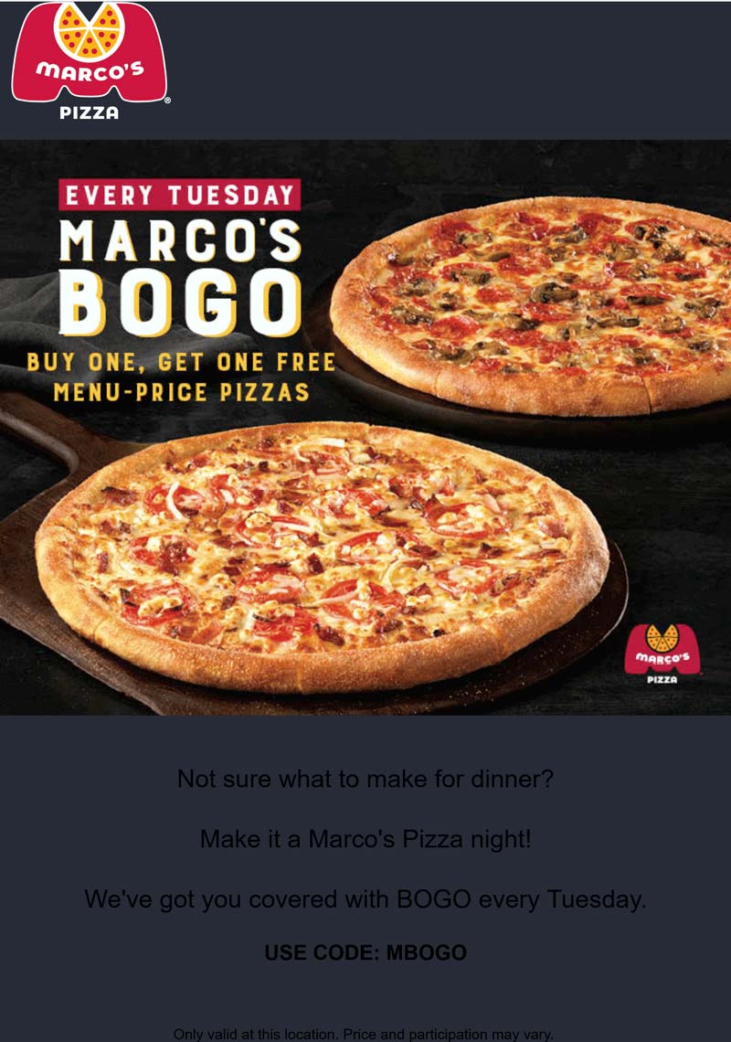 Marcos restaurants Coupon  Second pizza free today at Marcos via promo code MBOGO #marcos 