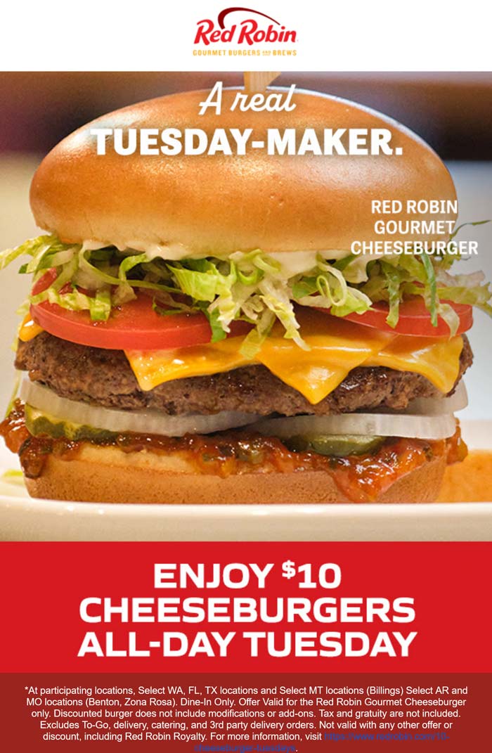 Red Robin restaurants Coupon  Gourmet cheeseburger + bottomless fries = $10 today at Red Robin #redrobin 