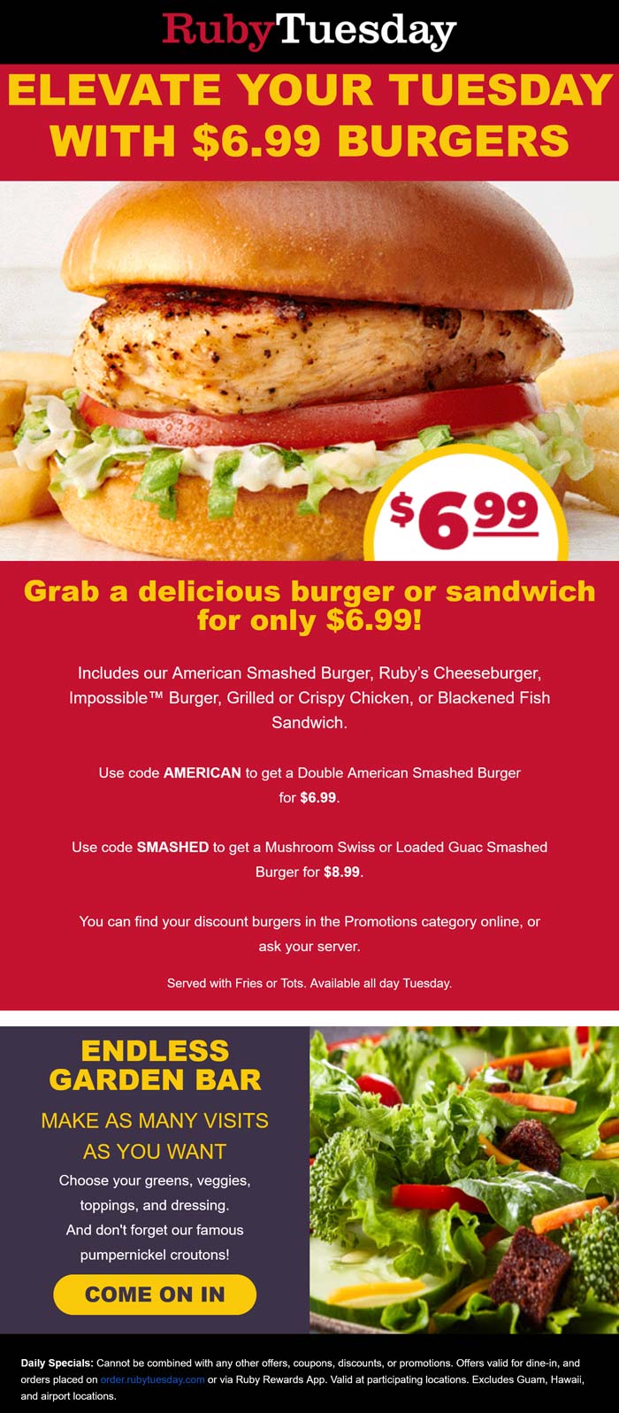 Ruby Tuesday restaurants Coupon  Chicken, fish sandwich or double cheeseburger meals = $7 today at Ruby Tuesday via promo code AMERICAN#rubytuesday 
