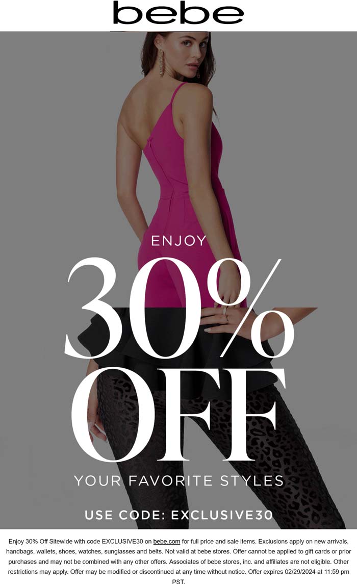 bebe stores Coupon  30% off everything online at bebe via promo code EXCLUSIVE30 #bebe 