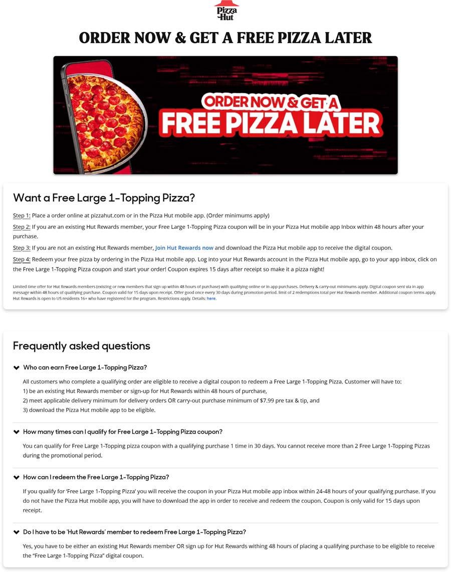 Pizza Hut restaurants Coupon  Follow-up large 1-topping pizza free via mobile at Pizza Hut #pizzahut 
