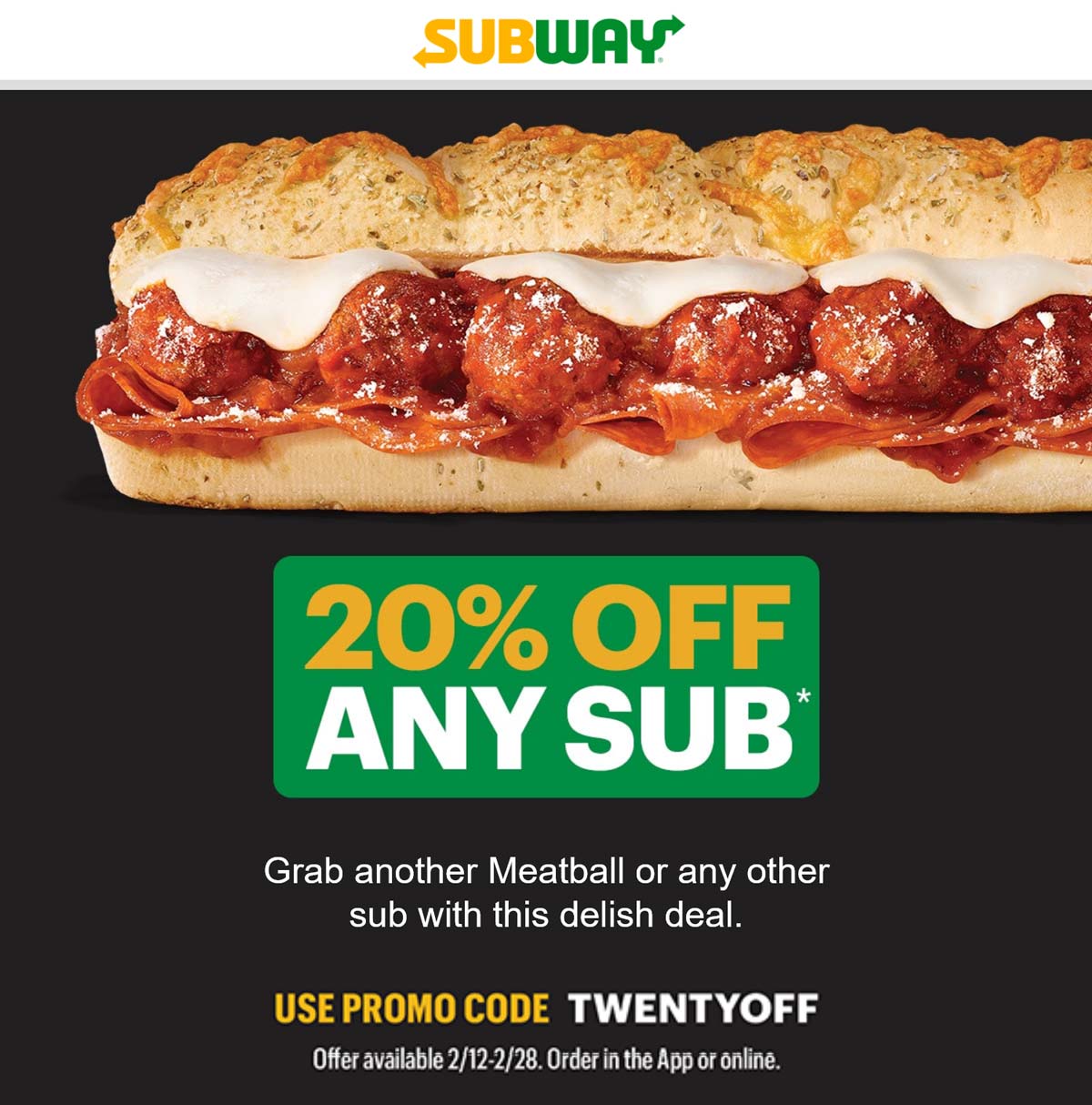 Subway restaurants Coupon  20% off any sub today at Subway via promo code TWENTYOFF #subway 