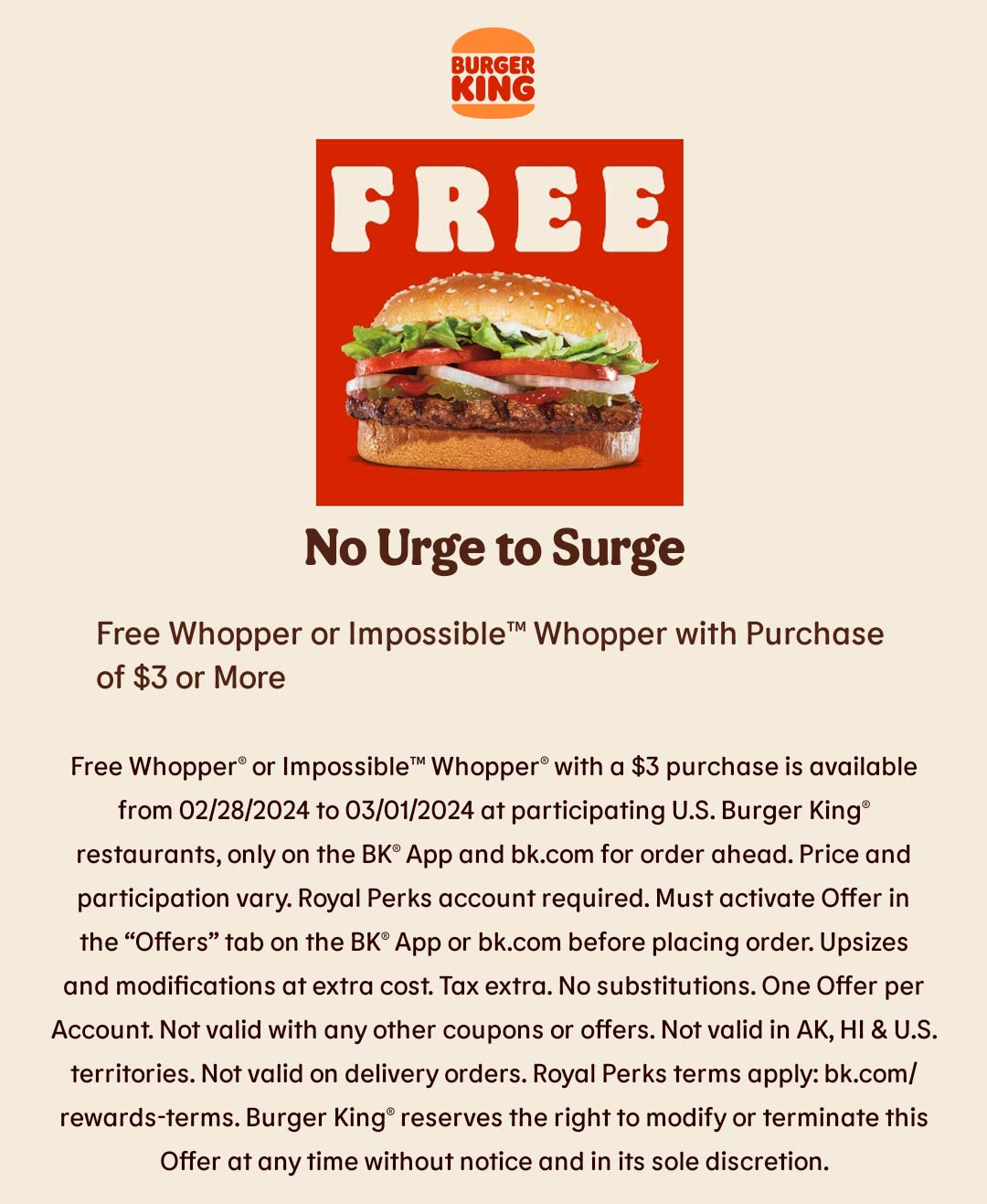Burger King restaurants Coupon  Free whopper on $3 via mobile at Burger King restaurants #burgerking 