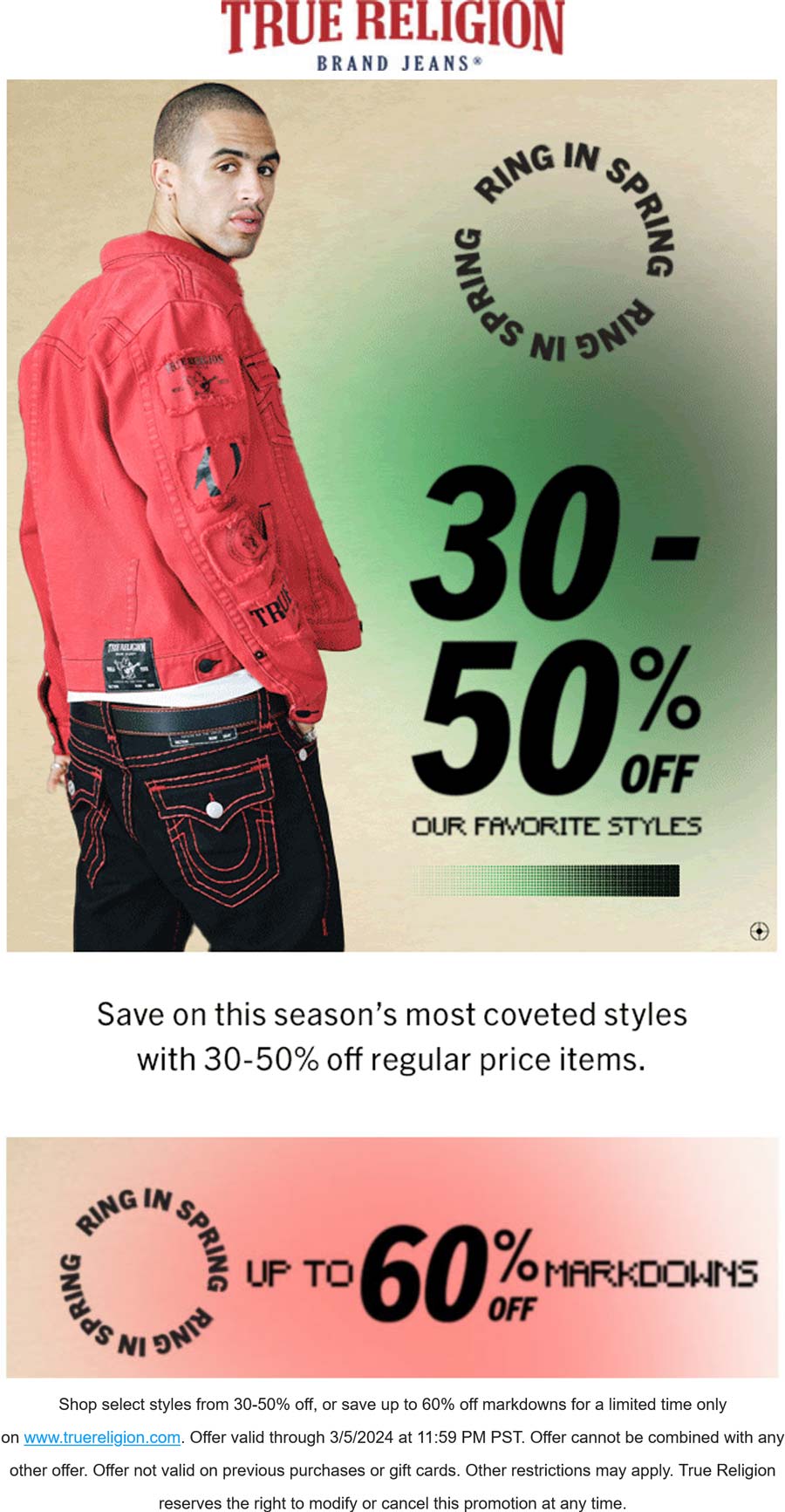 True Religion stores Coupon  30-50% off favorites & 60% off sale items at True Religion #truereligion 