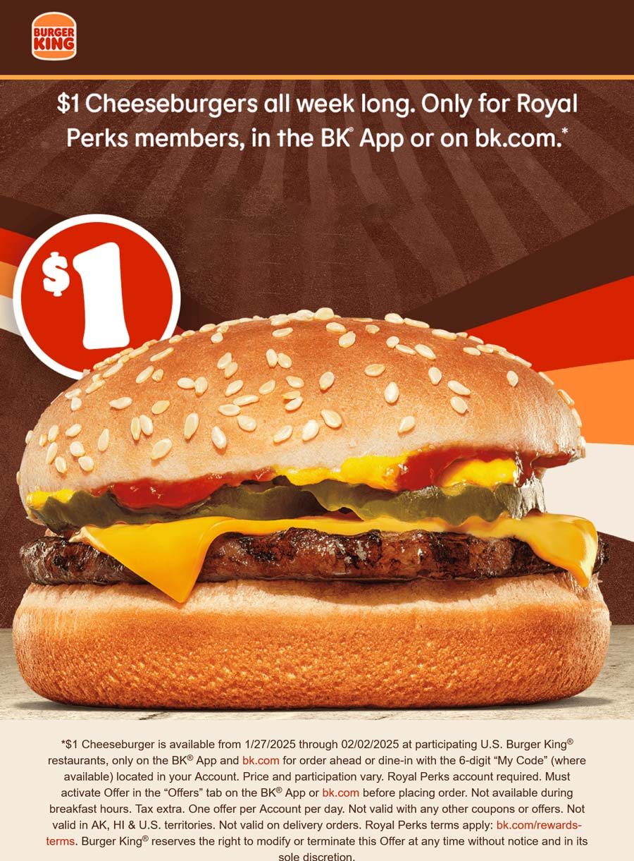 Burger King restaurants Coupon  $1 cheeseburger online at Burger King #burgerking 