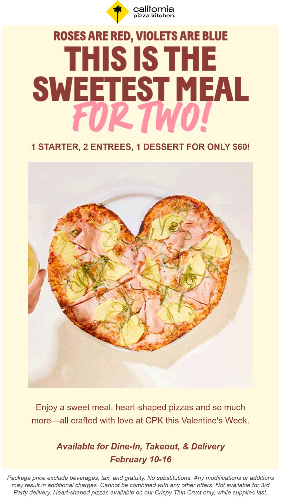 California Pizza Kitchen restaurants Coupon  Appetizer + 2 entrees + dessert = $60 at California Pizza Kitchen #californiapizzakitchen 