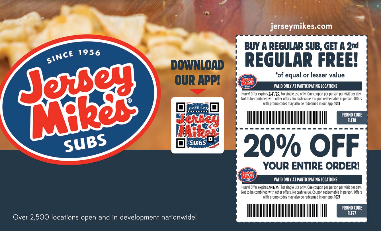 Jersey Mikes restaurants Coupon  Second sub free & more at Jersey Mikes subs #jerseymikes 