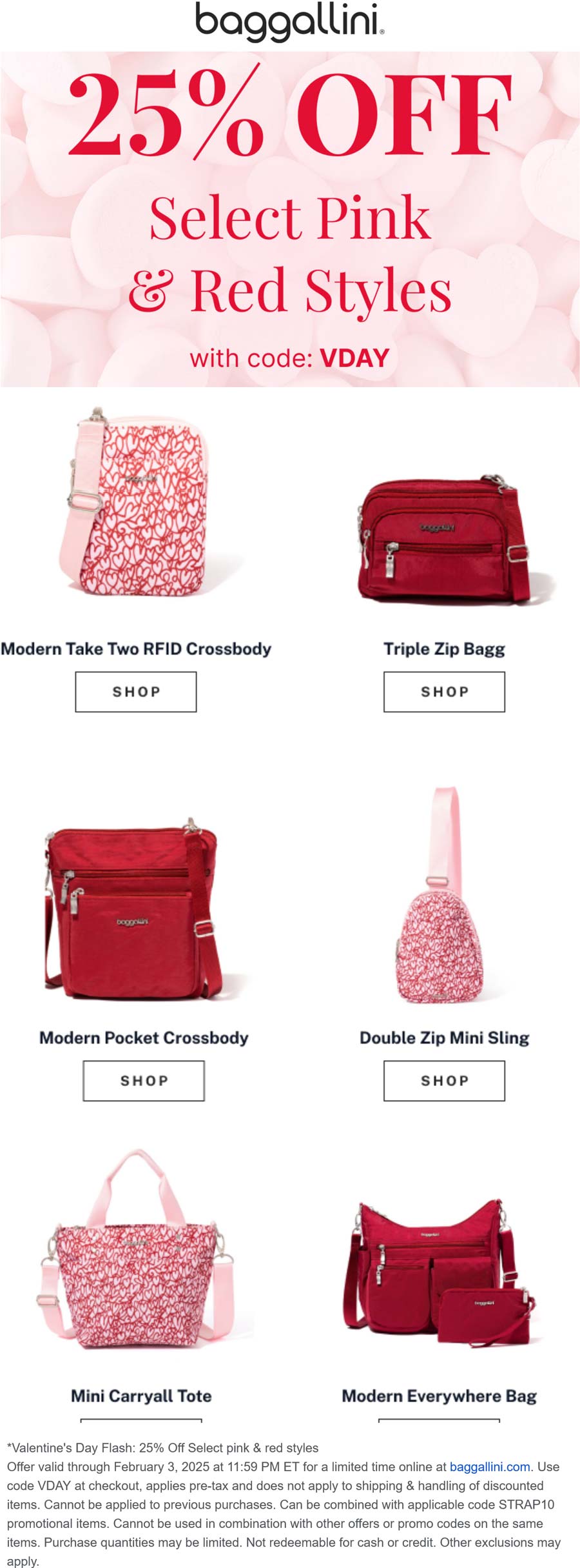 Baggallini stores Coupon  25% off Valentines styles at Baggallini via promo code VDAY #baggallini 