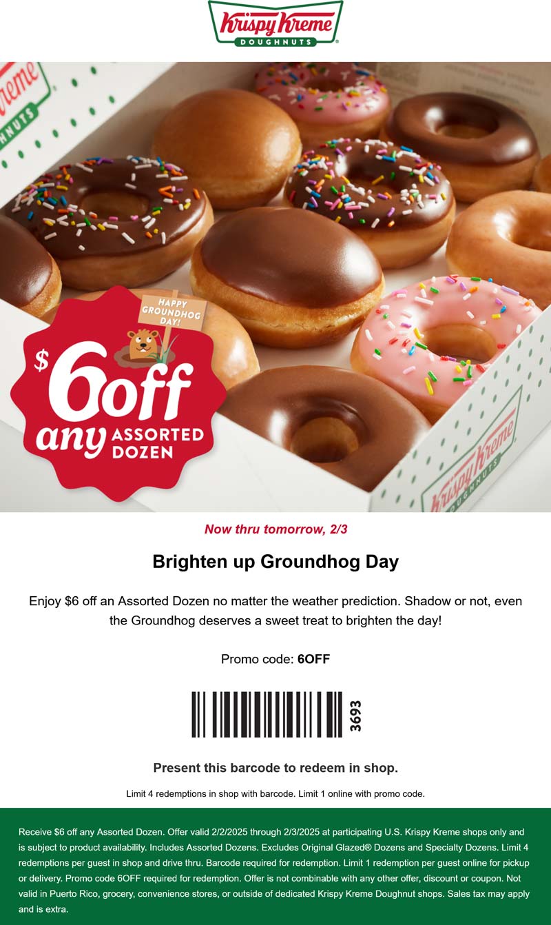 Krispy Kreme restaurants Coupon  $6 off an assorted dozen doughnuts today at Krispy Kreme, or online via promo code 6OFF #krispykreme 