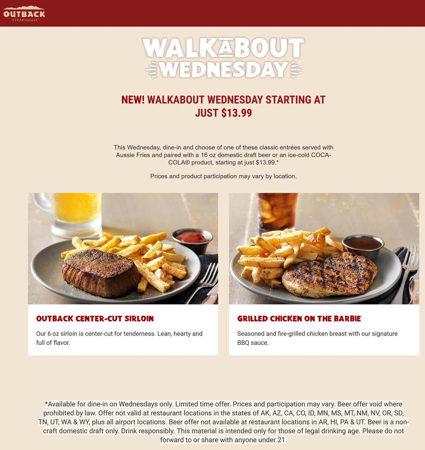 Outback Steakhouse restaurants Coupon  Sirloin or grilled chicken meal = $14 today at Outback Steakhouse #outbacksteakhouse 